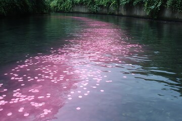 Sticky pink stream reflects jelly pads spaced evenly in tranquil flow