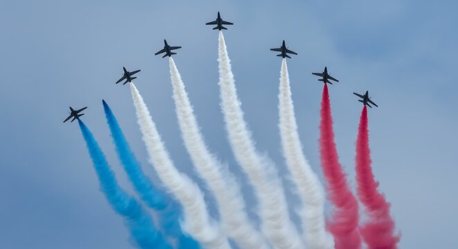 Spectacular aviation display with fighter jets streaking across the sky leaving colorful trails