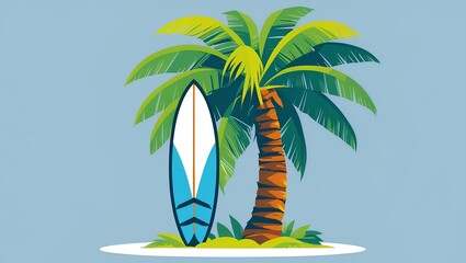 a tall coconut palm tree with lush green leaves and surfboard leaning against its sturdy trunk.