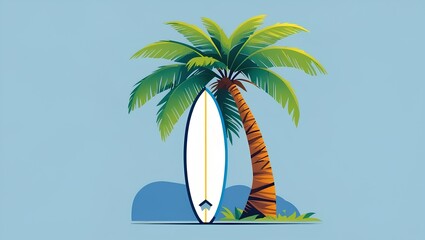 a coconut palm tree with bright green leaves and white surfboard placed beside its brown trunk.