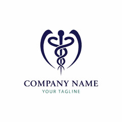 Dark blue medical logo design with a caduceus symbol inside a heart-shaped frame, suitable for a healthcare company.
