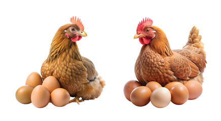 Fototapeta premium Hen with Eggs: A brown hen sitting beside fresh eggs, sharp PNG with natural farm style.