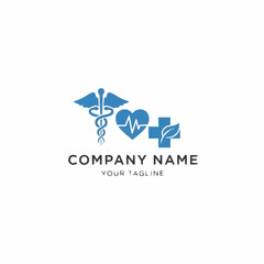 Blue medical logo with caduceus, heart, and cross.