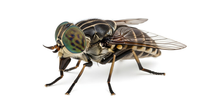 A close-up studio shot of a large horse fly with striking green eyes and striped abdomen against a white background.