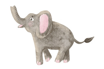 Watercolor elephant kids drawing illustration isolated on white. African savannah animal trumpets and smiling. Cute child painting for nursery designs