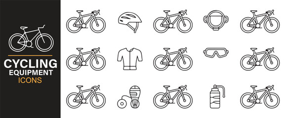Minimal cycling lifestyle and equipment icons for sports, fitness, and adventure design