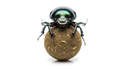 Green beetle atop a dung ball against white background.