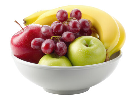 Red apples green apples red grapes and bananas in a white bowl Isolate