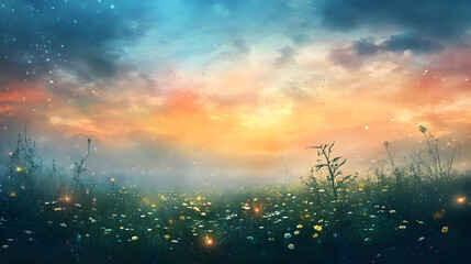 Fototapeta premium Magical meadow filled with wildflowers under a vibrant, starry twilight sky with glowing orbs.