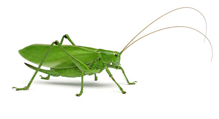 A vibrant, detailed photograph of a large, green katydid insect, showcasing its intricate features.