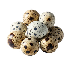 Obraz premium Photo of a pile of small, speckled quail eggs, isolated on transparent background