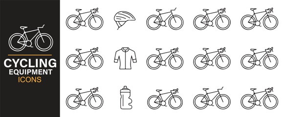 Cycling safety gear icons with helmet, gloves, jersey, and repair tools for sport design