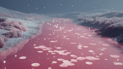 Still pink river with scattered jelly pads softly glowing above surface