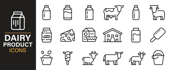Line art dairy product icons for packaging, nutrition, and healthy eating illustrations