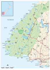 Map of Fiordland National Park in the southwest of New Zealands South Island