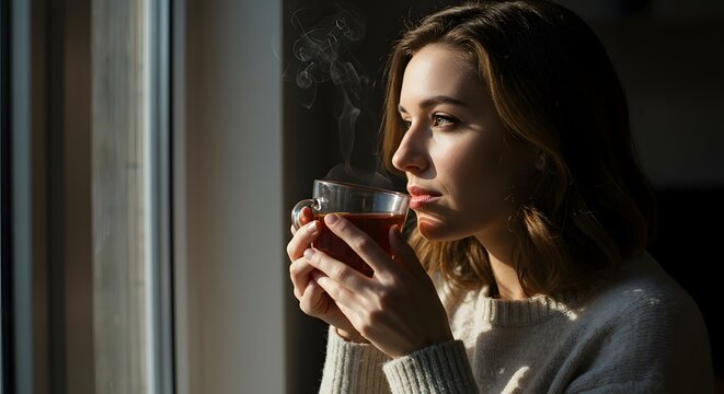 A serene young woman sips a warm, steaming drink, gazing contemplatively out a sunlit window, finding a peaceful, reflective moment in her daily life.