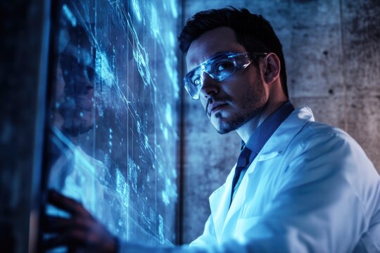A scientist in a lab coat examines a large interactive digital display showing complex data visualizations.