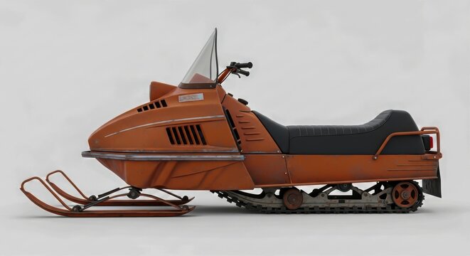 Classic Vintage Orange Snowmobile Profile View Isolated on White Background