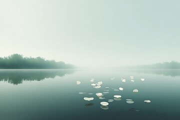 Still river scene with hovering jelly pads and soft haze reflections