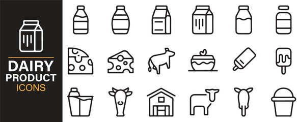 Collection of dairy product icons featuring milk bottle, yogurt cup, butter, and cream