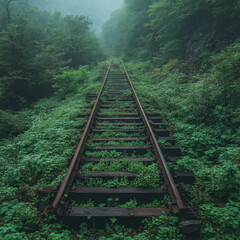 Fototapeta premium Train track cutting through dense forest.