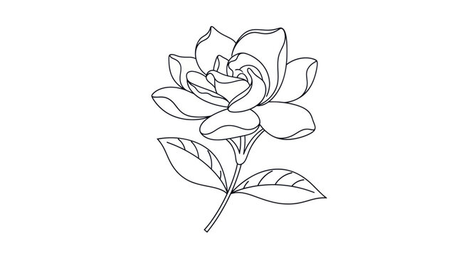 Black outline illustration of a blooming gardenia flower on a stem with leaves.