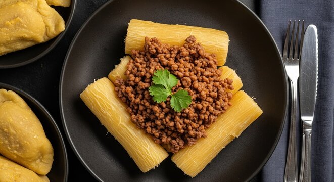 Steamed cassava with ground beef