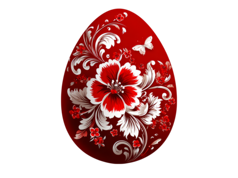 Red easter egg decorated with floral design and butterfly, Isolated On White Background, Png Transparent