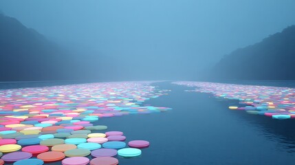 Surreal ambient light falling on jelly pads above soft bubblegum river
