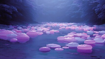 Surreal ambient light falling on jelly pads above soft bubblegum river