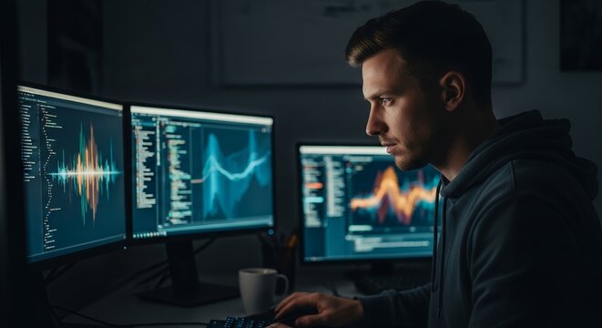 Focused programmer analyzing complex data streams on multiple monitors in a dimly lit workspace