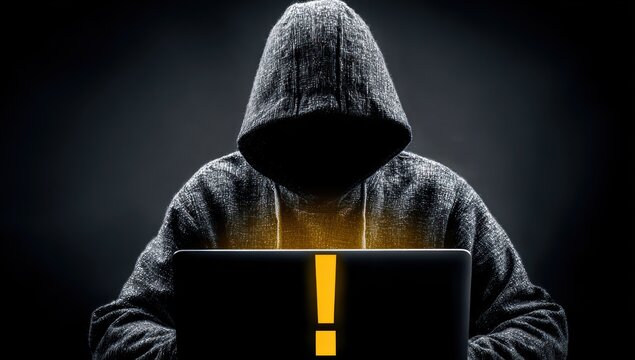 Anonymous figure in a hooded sweatshirt at a laptop with a glowing caution symbol
