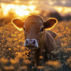 Cow standing in flower field.