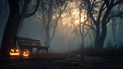 A spooky Halloween night atmosphere of old wooden benches, thick fog covering the ground, black trees and a creepy mood.
