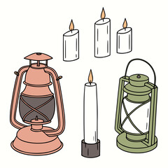 Flat lay of 5 glowing lights: single candle, group candles, black candle, orange lantern, green lantern, arranged with spacing, with white background