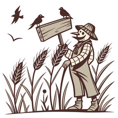 Vector art of a scarecrow in field, with white background