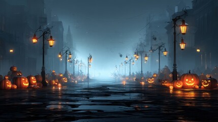 Haunted community street background, rows of carved pumpkins glowing dimly, fog rolling across the ground, cracked pavement with flickering street lamps, ghostly silhouettes in the distance, spooky an