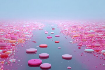 Surreal dreamscape showing jelly pads on vibrant sticky river of bubblegum
