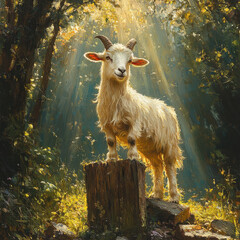 Goat standing on stump in painting.