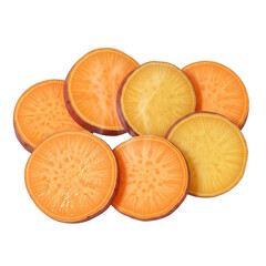 Photo of a pile of sliced sweet potatoes, showing both vibrant orange and yellow flesh, with visible rings and texture, isolated on a transparent background