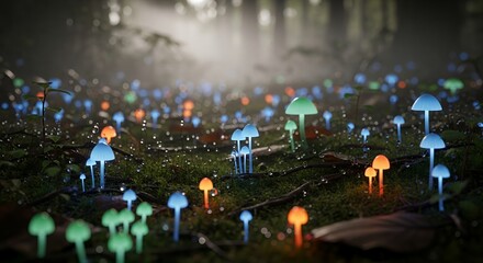 Fototapeta premium Magical glowing mushrooms illuminate a mystical forest floor with dew drops glistening