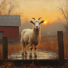 A goat standing on a dock in a painting.