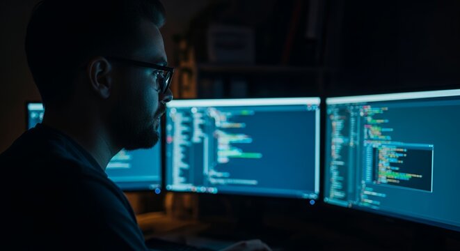 Focused programmer deeply engrossed in complex code on multiple monitors late at night
