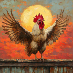 A striking rooster painting captured in a fine art print.