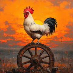Rooster proudly perched on a wheel.