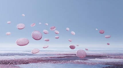 Surreal jelly pads floating over textured bubblegum river beneath translucent sky