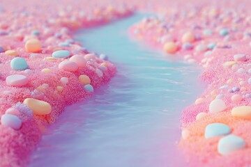 Surreal dreamscape showing jelly pads on vibrant sticky river of bubblegum