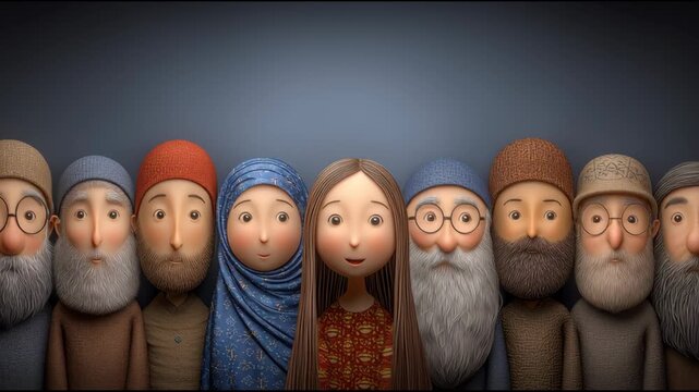 a group of dolls arranged in a row, each with different facial expressions and hats