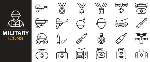 Vector army and defense icons for war, soldier uniform, and security design projects