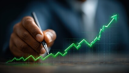 Close-up of a hand drawing an upward-trending green graph with a pen